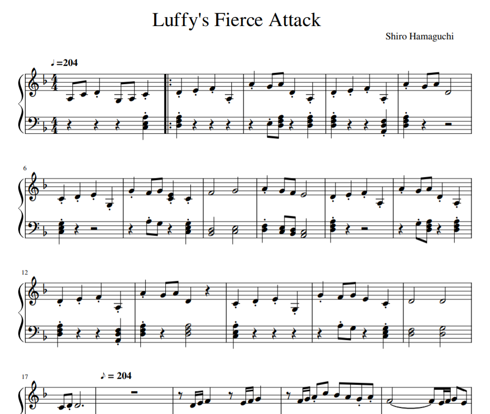 Luffy's Fierce Attack sheet piano solo
